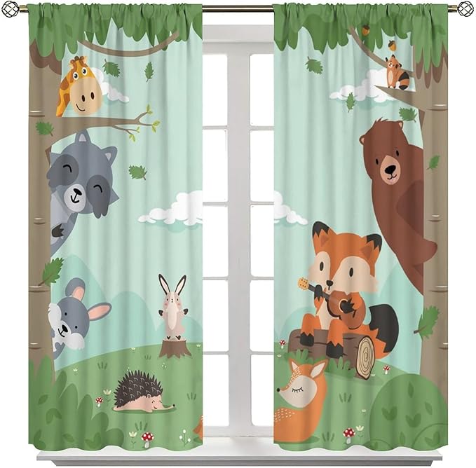 Forest Animals Curtains Colorful Forest Cartoon Cute Fox Bear Giraffe for Kids Boys Girls Nursery Bedroom Living Room Blackout Rod Pocket Decoration Window Drapes 2 Panels W36xL63in