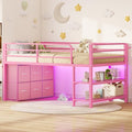 BTHFST Low Loft Bed Twin Size with 6 Storage Drawers, LED Lights, 2 Tier Storage Shelves, Kids Metal Loft Bed with 15" H Stairs & Safety Guardrail, Spave Saving, Pink