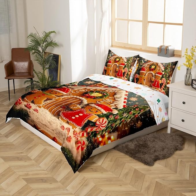 Feelyou Cute Gingerbread Man Duvet Cover Twin Size Cartoon Christmas Bedding Set for Boys Girls New Year Holiday Comforter Cover Reversible Xmas Decor Bedroom Decor 2Pcs