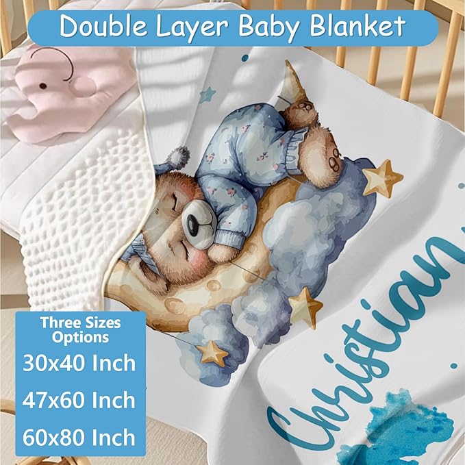 Custom Baby Boy Crib Bedding Set, 5 Pcs Personalized Blue Moon Bear Baby Crib Set with Name, Nursery Girl Bedding, Double Layer Toddler Bedding Set, Newborn Infant New Parents Customized Gifts