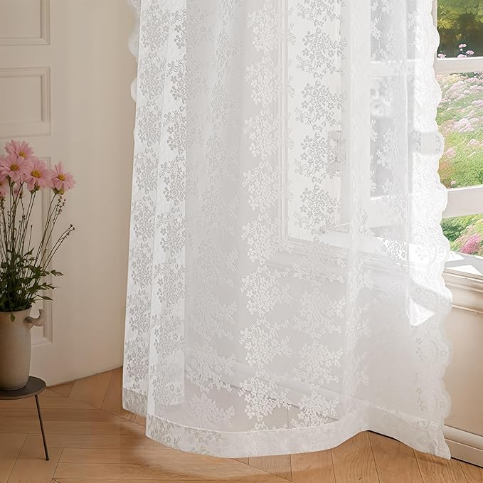Anmao Vintage Lace Curtains 54 Inches Long 2 Panels Set, Romantic Elegant Light Filtering Semi Sheer Floral Thick Lacy Curtain Drapes for Living Room and Bedroom, Each Panel 55W x 54L, Bright White