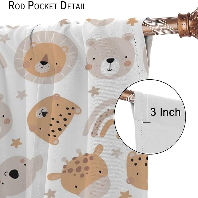 Cartoon Boho Animal Curtains,Funny Forest Safari Print,Cute African Wildlife Koala Giraffe Lion Leopard Bear Rainbow Blackout Window Drapes for Boys Girls Kids Baby Child Bedroom 72x63in