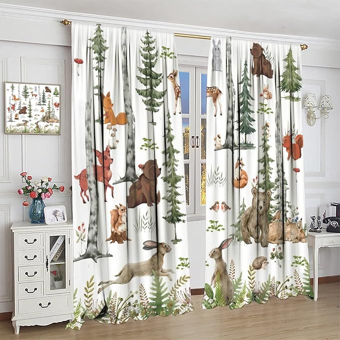 Animal Kids Curtains, Woodland Squirrel Rabbit Bear Animal Friends Forest Curtains for Boys and Girls Bedroom Living Room Kitchen 55x63in