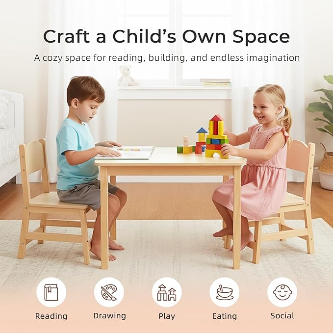Wood Kids Table and Chairs Set, Waterproof Desktop, Easy to Clean, Smooth Edge, Ideal Toddler Table Chairs Set for Eating, Snack Time and Play Games