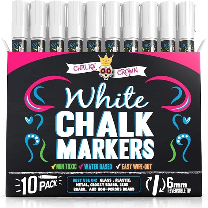CHALKY CROWN Liquid Chalk Marker Pen - White Dry Erase Marker - Chalk Markers for Chalkboard Signs, Windows, Blackboard, Glass - 6mm Reversible Tip (10 Pack)