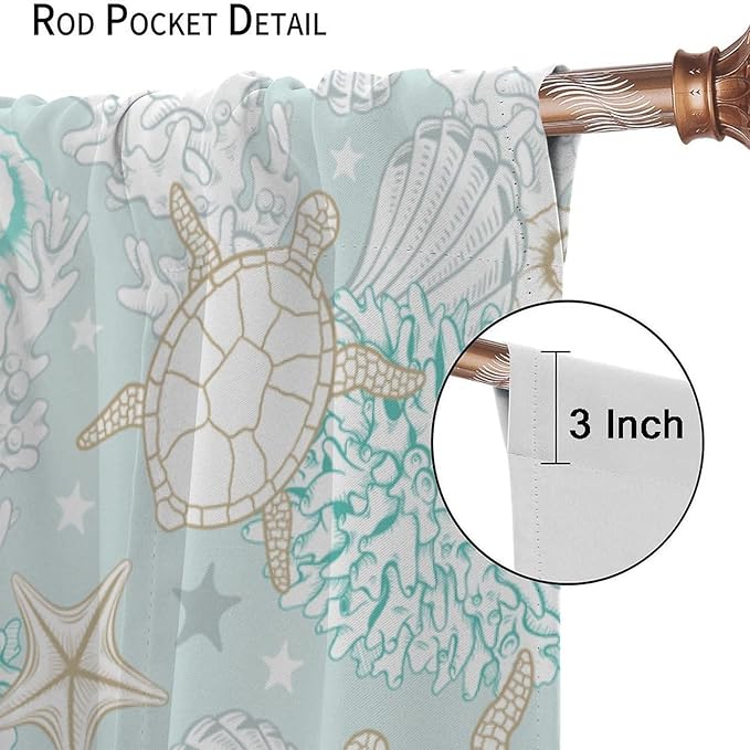 Nautical Curtains,Seagorses Coral Starfish Reef Seashell Beach Sea Seashell Pattern Blackout Print Home Bedroom Living Room Window Treatmen 2 Panel Set 42x45 Inch