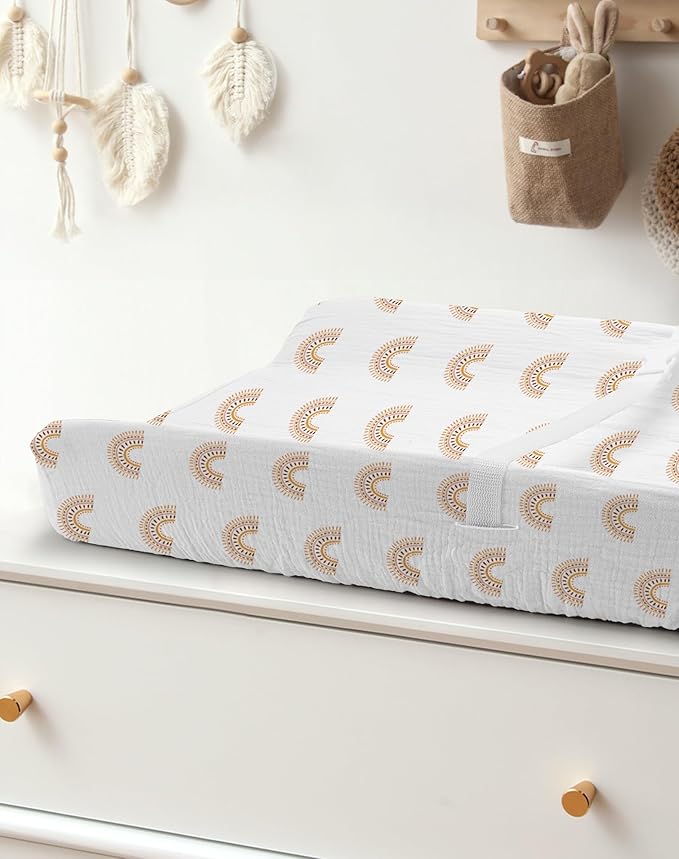 Changing Pad Cover for Baby Girls Boys, Muslin Changing Table Pad Covers with Boho Style, Neutral Color Soft and Breathable (Rainbow)