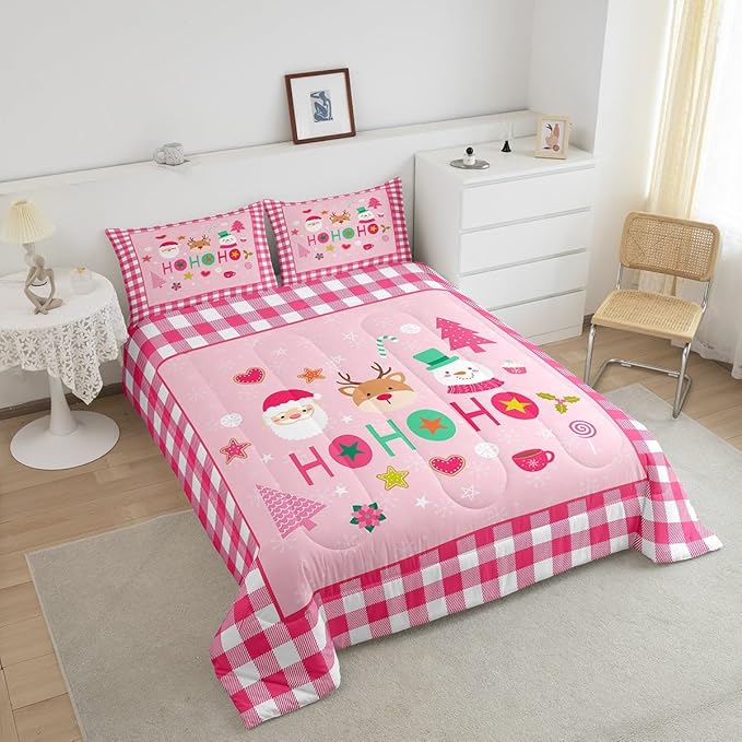 Merry Christmas Kids Comforter Set Full Size,Cartoon Santa Claus Snowman Deer Bedding Set,Boys Girls Adults Room Decor,Geometric Grids Fashion Down Comforter,Pink Xmas Duvet Insert,2 Pillowcases