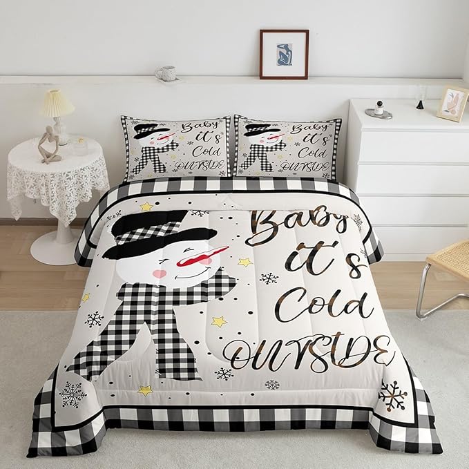 Kids Christmas Snowman Comforter Set Queen Size,Snowflake Winter Bedding,Girls Boys Adults Bedroom/Xmas Cabin Decor,Geometric Grids Lattice Down Comforter,Rustic Vintage Duvet Insert,2 Pillowcases