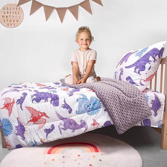 Toddler Bedding Set, Plush Minky Fabric Crib Bedding Set for Girls, Breathable and Soft Baby Crib Bedding Set, Includes Toddler Comforter, Flat Sheet, Fitted Sheet and Pillowcase (Purple Dinosaur)
