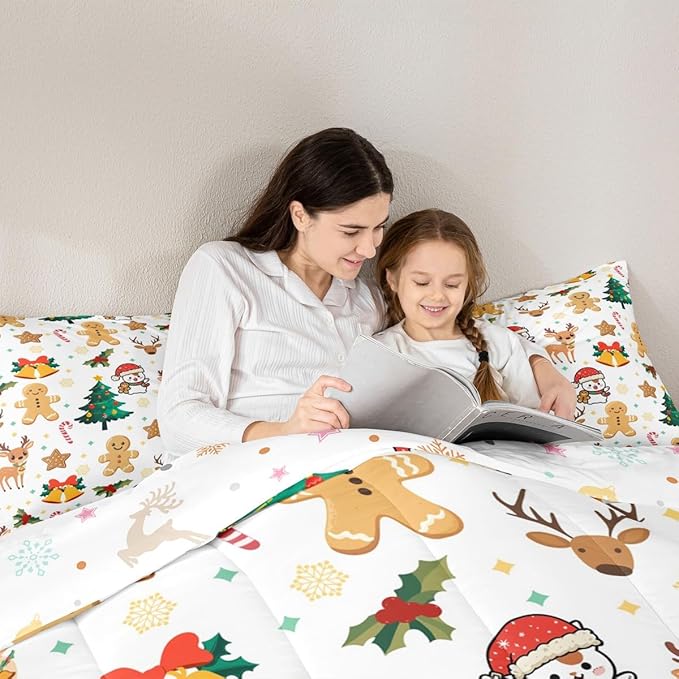 Feelyou Merry Christmas Comforter Set All Season Gingerbread Man Bedding Set with 1 Pillow Cases Cute Deer Microfiber Kids Toddler Bedclothes Christmas Tree Duvet Quilt Breathable Soft Lightweight