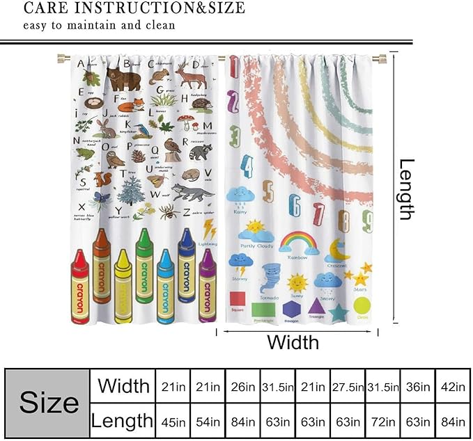 Kids Alphabet Curtain, Funny Cartoon Animal Rainbow Learning, Educational Boys Girls Children Printed Rod Pocket Blackout Window Treatments for Bedroom Living Room Nursery 63" W X 63" L