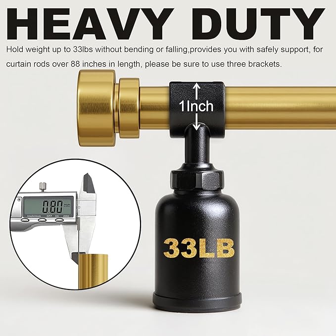 Gold Curtain Rods for Windows 48 to 84 Adjustable Modern Curtain Rod 1 inch Diameter Heavy Duty with Solid Metal Finials for Living Room Bedroom Farmhouse Outdoor Patio