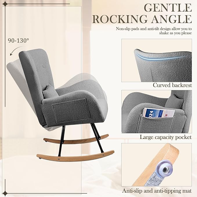 Waleaf Teddy Upholstered Rocking Chair Indoor with High Backrest Glider, Padded Seat Nursing Chair Comfy for Bedroom (Gray)