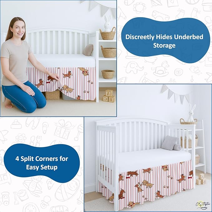 Cottington Lane Crib Skirt Dust Ruffle, 100% Natural Cotton, Soft, Durable Nursery Crib Toddler Bedding Skirt for Baby Girls or Boys, Fits Standard Cribs 28" x 52" with 14" Drop, Puppy Love