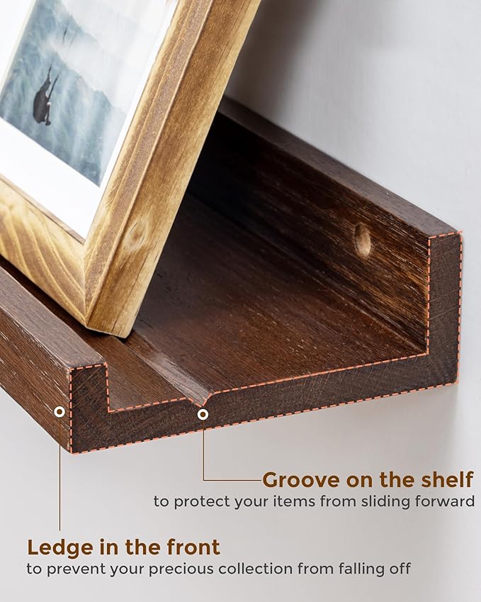 Axeman Oak Picture Ledge Shelf, 24 Inch Floating Shelves Set of 2, Solid Oak Wood Wall Shelves with Lip, Wall Decor Storage for Bedroom Living Room Bathroom Kitchen Nursery Photo Picture, Walnut