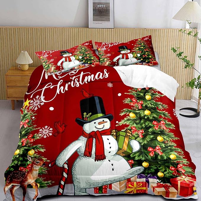 LUVIVIHOME 3PCS Merry Christmas Comforter Set King Size, Boys Girls Kids Bedding, Cartoon Funny Cute Snowman Deer Elk Cardinal Snowflake Xmas Tree Christmas Bedroom Decor, Red Quilt, 2 Pillow Shams