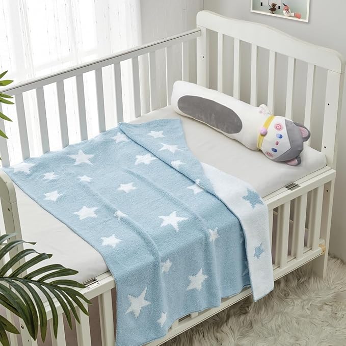 CREVENT 2Pcs 30''X40'' Cute Cozy Fluffy Warm Baby Blankets for Infants Toddlers' Bedding Crib Cot Stroller - Grey Cloud + Knit Blue