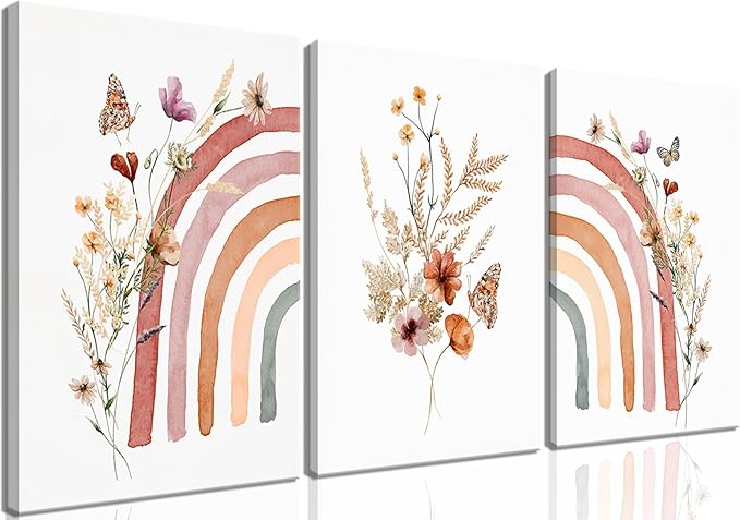 AKWISH Boho Rainbow Wall Art for Girls Room - Set of 3 Framed Wildflower Canvas Prints for Nursery, Baby Girl Room, Kids or Dorm Decor - Soft Pastel Botanical Bohemian Wall Decor 12x16in