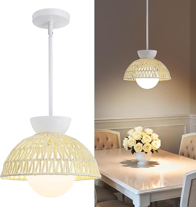 Pendant Light Kitchen Island - 11.8" Rattan Dining Room Light Fixtures over Table Hand-Woven Boho Pendant Light Fixtures with Milk Glass Globe, Adjustable Hanging Light for Bedroom Entryway Foyer