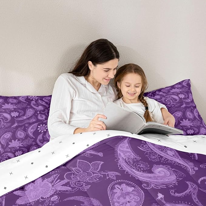 Feelyou Vintage Purple Floral Bedding Set Queen Size, Paisley Floral Comforter Set Boho Floral Comforter for Kids Toddler Paisley Duvet Set Microfiber Bed Set