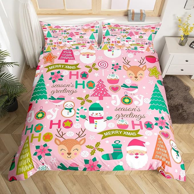 Feelyou Kids Pink Merry Christmas Bedding Set Toddler Merry Christmas Tree and Snowman Duvet Cover for Bedroom Decor Xmas Comforter Cover Set Snowflake Holiday Bedspread Cover with 1 Pillow Case