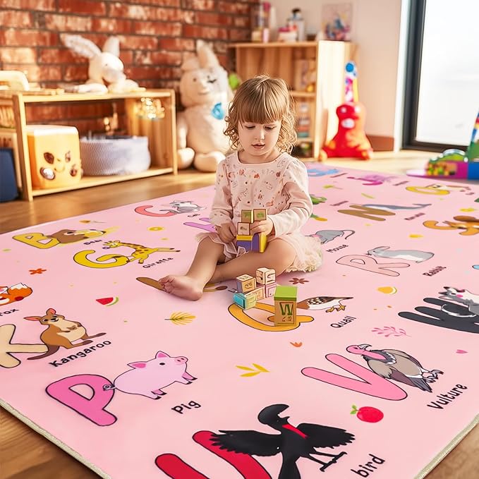 Kids Rugs for Playroom, 8x10 Ft Educational Rug for Learn The ABC Alphabet, Soft Machine Washable Non-Slip Cute Cartoon Animals Carpet for Classroom Toddler Nursery Kids Room Decor, Pink