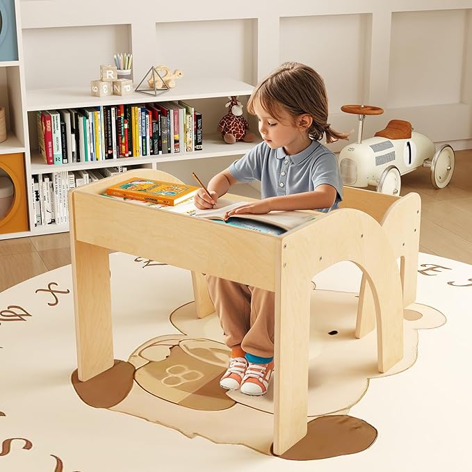 INFANS Kids Table and Chair Set, Wooden Activity Table for Toddlers Arts Crafts Drawing Reading Playing Building Block Drawing, Children Natural Furniture Set for Playroom Nursery