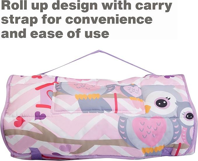 EVERYDAY KIDS Nap Mat with Removable Pillow - Carry Handle with Straps Closure, Rollup Design, Soft Microfiber for Preschool, Daycare, Travel Sleeping Bag - Sweet Owls - Ages 3-6 Years