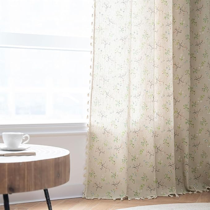 ENJOYBRIDAL Floral Farmhouse Curtains 96 Inches Long Semi Sheer Living Room Drapes Boho Light Filtering Vintage Decor Window Curtain Panels with Tassel Beige Rod Pocket Bedroom Drapes, 4 Panels