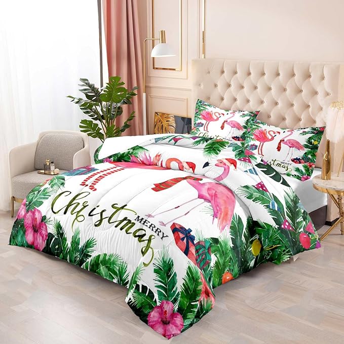 LUVIVIHOME 3PCS Merry Christmas Comforter Set King Size, Pink Flamingo Bedding, Teens Girls Boys Kids Bedding, Tropical Green Plant Botanical Hibiscus Flower White Quilt, Xmas Gifts, 2 Pillow Cases