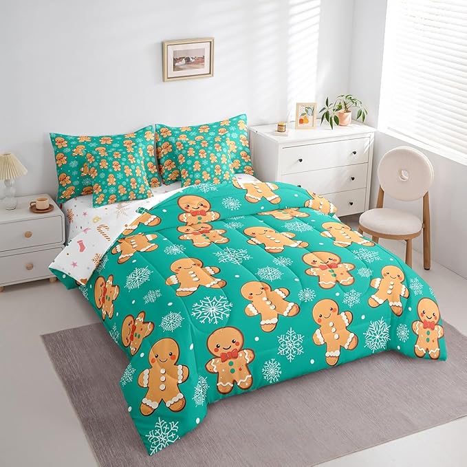 Erosebridal Christmas Gingerbread Queen Bedding Set 7 Piece,Cute Gingerbread Man Bed in A Bag,Xmas Snowflake Comforter Set Kawaii Xmas Sheet Set with Comforter,Green Christmas Decoration