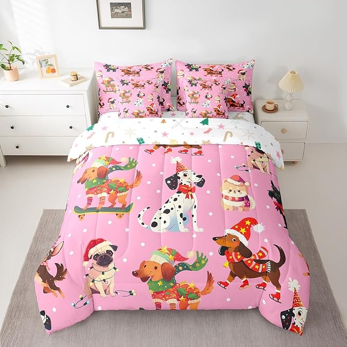 Feelyou Xmas Dog Bedding Set Cute Dog Christmas Style Comforter Set with Sheets 3D Animal Bed in a Bag for Boys Girls Children Teens Bedroom Decor Pink Bed Set 7Pcs King Size