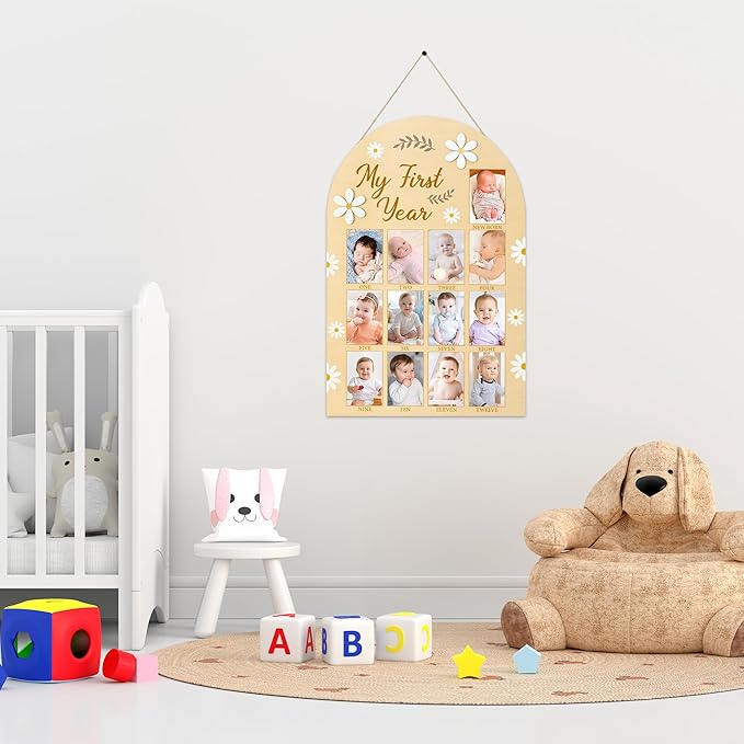 R HORSE My First Year Photo Display Wood Board, 3D Daisy Baby's First Year Picture Frame 12 Months Milestone Board Neutral Baby Keepsake Birthday Nursery Decor Gift for Boy Girl