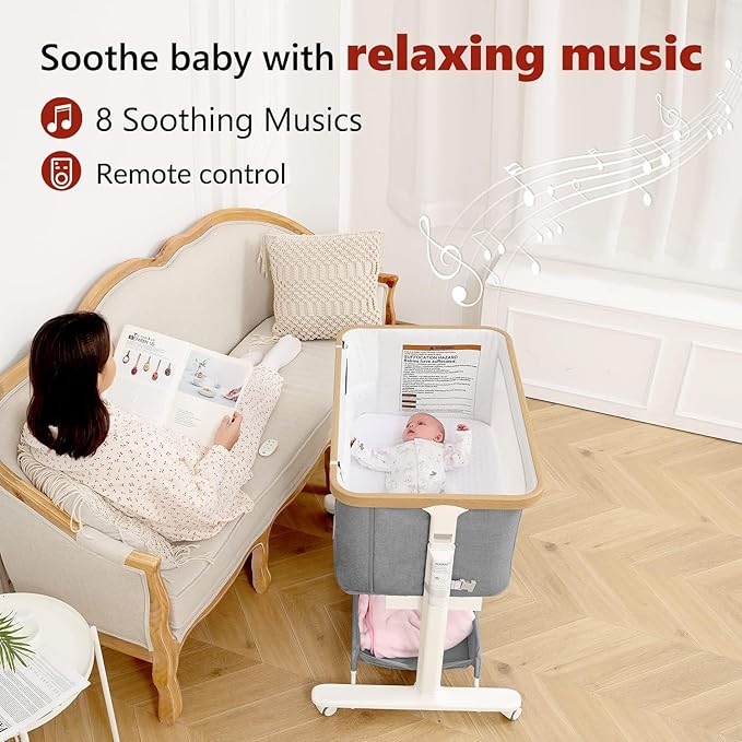 Rocking Bassinet for Baby 3 Motion Auto Rolling Newborn Cradle Electric Automatic Bedside Sleeper Rocks Itself 5 Height Adjustable with Music, Wheels, Storage, Light Grey