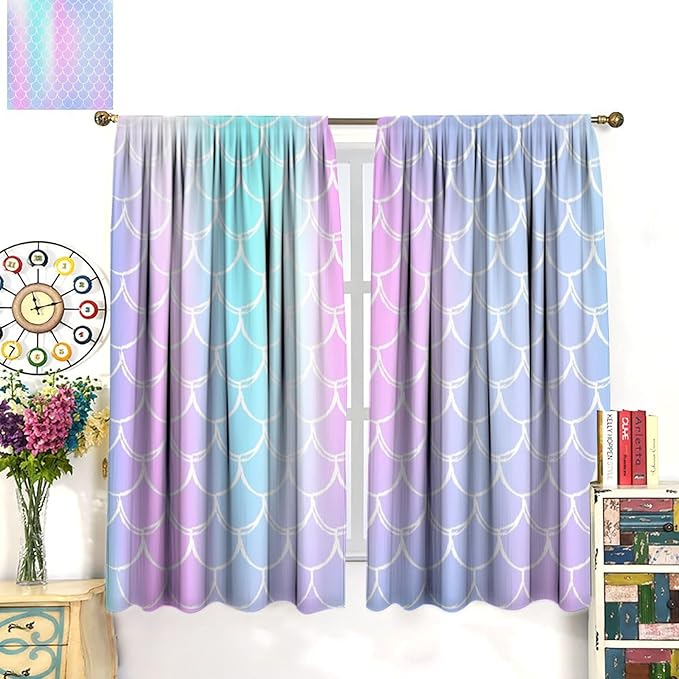 Fantasy Mermaid Curtain Rainbow Mermaid Scales Purple Pink Blue Ocean Theme Dream Blackout Window Treatment for Kids Boys Girls Bedroom Nursery Room Decor Rod Pocket Window Drapes 42x54in