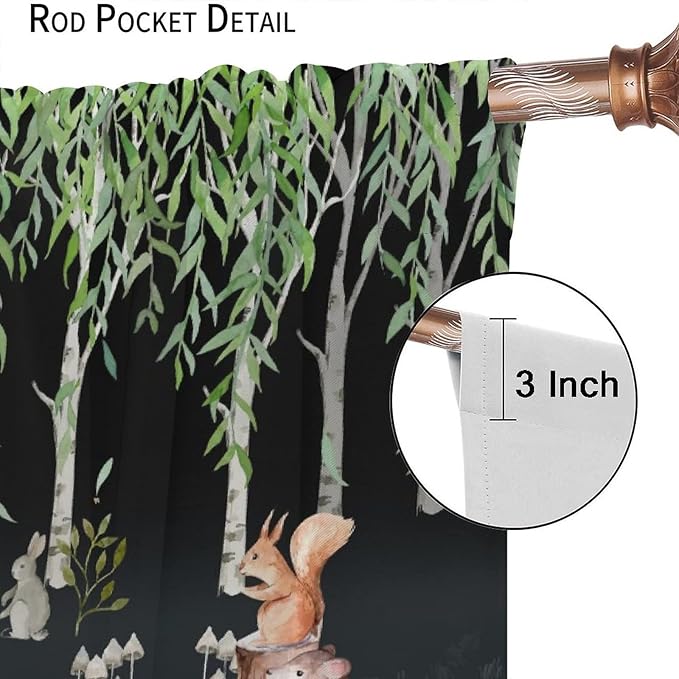 Forest Animal Curtains, Watercolor Cartoon Woodland Plants Animals Bears Moose Mushrooms Printed Curtains for Kids Boys and Girls Bedroom Window Drapes 63x63in
