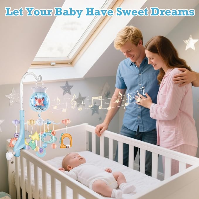 Crib Mobiles for Babies with Music, Rotatable Baby Mobile for Crib with Projection, Timing Function and Baby Rattles Toy, Baby Crib Toys Hanging for Boys Girls 3-12 Months (Blue)