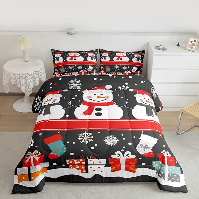 Feelyou Christmas Comforter Set Toddler Size Snowman Bedding Set for Kids Boys Girls Snowflake Duvet Quilt New Year Gift Bedroom Decor Microfiber 2 Pcs with 1 Pillow Cases
