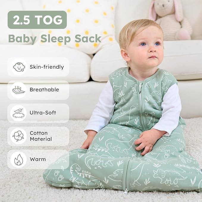 Baby Sleep Sack 6-12 Months, 2.5 TOG Cotton Winter Baby Wearable Blanket with 2-Way Zipper, Warm Soft Sleeping Bag for Newborn Infant Boy Girl, Medium Dinosaur