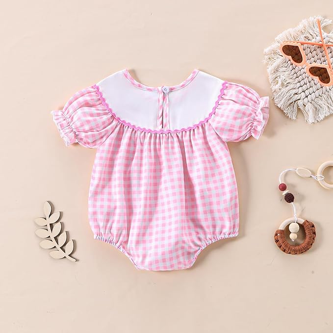 Newborn Baby Girl Romper Mamas Mini Bow Plaid Print Puff Sleeve Smocked Bubble Romper Jumpsuit Bodysuit Clothes