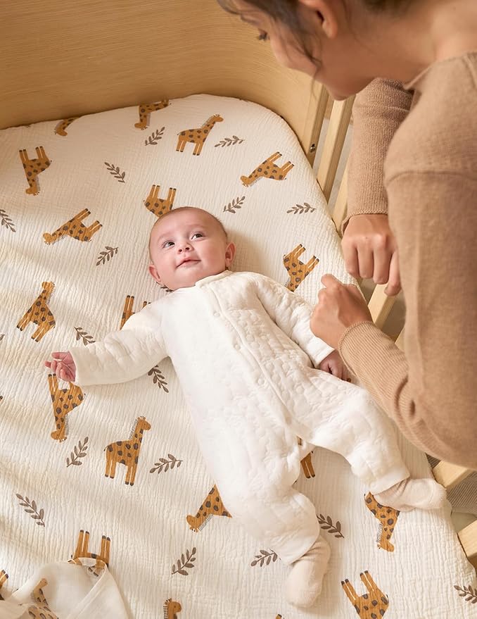 Momcozy Muslin Mini Crib Sheets Fitted - 38''x26'' Pack and Play Sheets for Pack N Play Mattress, 2 Pack Soft & Breathable Natural Cotton Non Slip Bed Cover for Boys, Girls, Bravery Giraffe