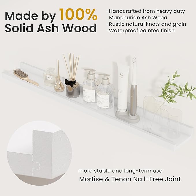 Solid Ash Wood Picture Ledge Shelf, 24 Inch Floating Shelves with Lip Set of 2, Photo Ledge Shelf Nursery Bookshelf Wall Mounted for Living Room Bedroom Decor, White