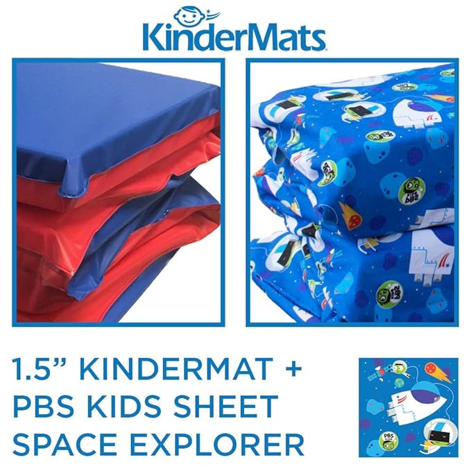 KinderMat 1.5" Thick + PBS Kids Kinderbundle - Washable Cover, Special Edition - Space Explorer - Regular, Sheet is 47" x 22", Value Bundle Great for Daycare & Family Households