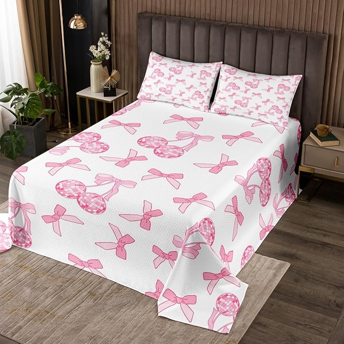 Cartoon Bowknot Kids Bedspread Queen Size,Western Cowgirl Disco Ball Retro Coverlet Set,Girls Women Room Decor,Bow Tie Cute Princess Quilted Coverlet,Pink Romantic Bedding Quilt,2 Pillowcases
