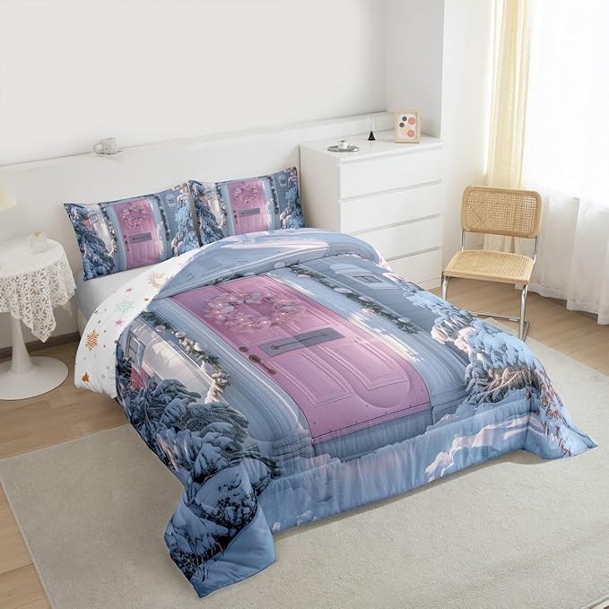 Feelyou Winter Snowscape Bedding Set Soft for Boys Girls, Merry Christmas Comforter Set Toddler Size Pink Door Duvet Quilt Microfiber Garland Xmas Tree Bedroom Decor 2 Pcs with 1 Pillow Cases