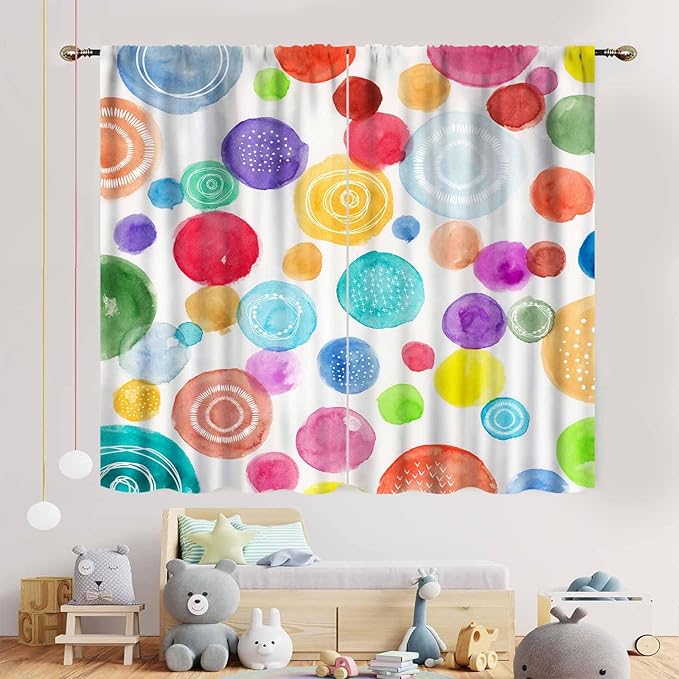 Colorful Curtains for Girls Bedroom, Watercolor Rainbow Cartoon Abstract Circle Polka Dots Splashes Cute Window Drapery for Kids Boys Girls Classroom Living Room Nursery 2 Panels, 42"x45" Inch