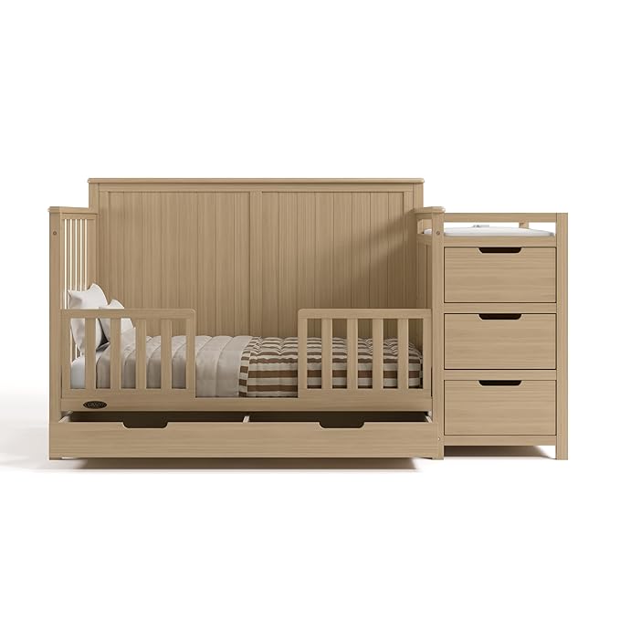 Graco Hadley 5-in-1 Convertible Crib & Changer (Driftwood) – GREENGUARD Gold Certified, Fits Standard Crib Mattress, Converts to Toddler Bed and Full Bed, 4 Adjustable Mattress Heights
