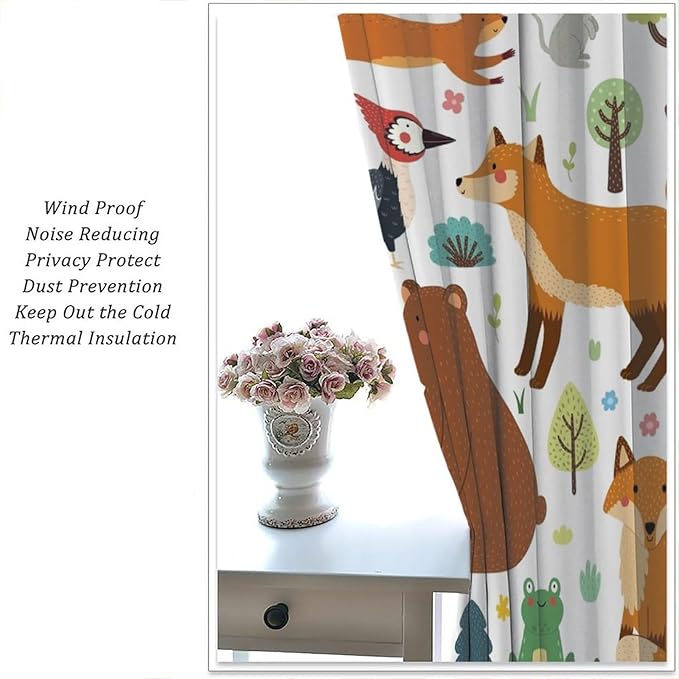 Kids Safari Animals Curtains, Baby Boy Girl Rustic Woodland Printed Cartoon Forest Window Treatments for Bedroom Living Room Nursery 2 Panels Sets, 55x63 Inch