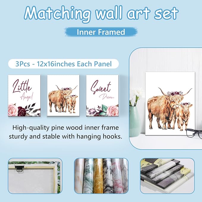Personalized Name Baby Crib Bedding Set, 5 Pcs Custom Highland Cow Nursery Bedding Sets for Baby Girls Boys, Soft Double Layer Blanket, Newborn Infant, Toddler Crib Set